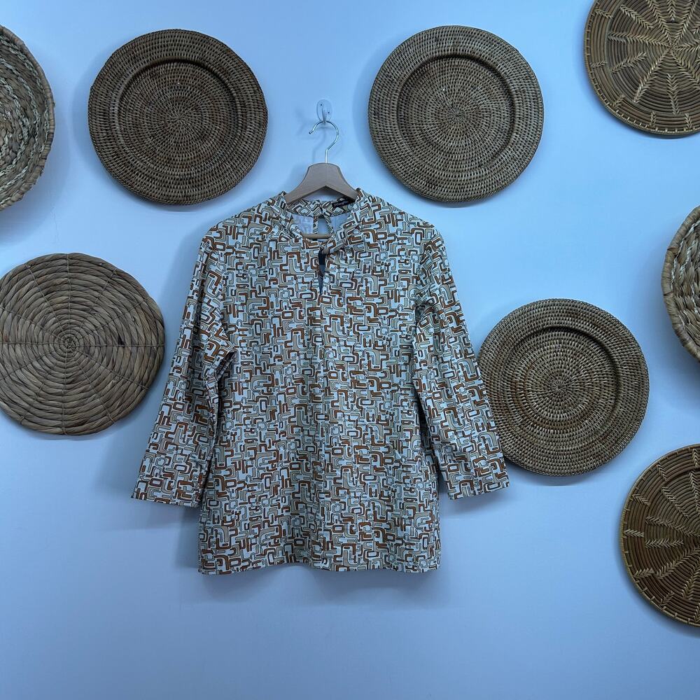 J. McLaughlin Tan Brown Funky Print Cut Out Stretch Long Sleeve Top Blouse XL